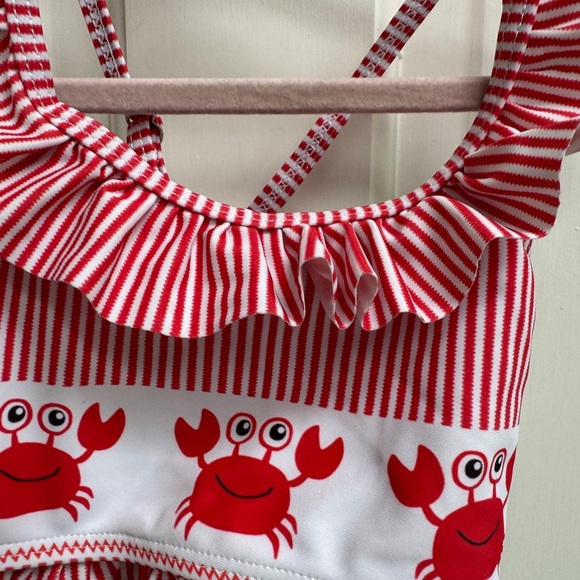 NWOT Marie Nicole 3T Girls Red & White Striped Crab Print Ruffle Bikini Top Swim - Picture 3 of 5